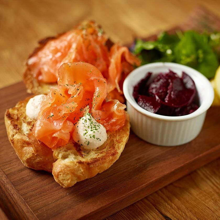 Herefordshire smoked salmon croissant, with dill, beetroot and creme fraiche