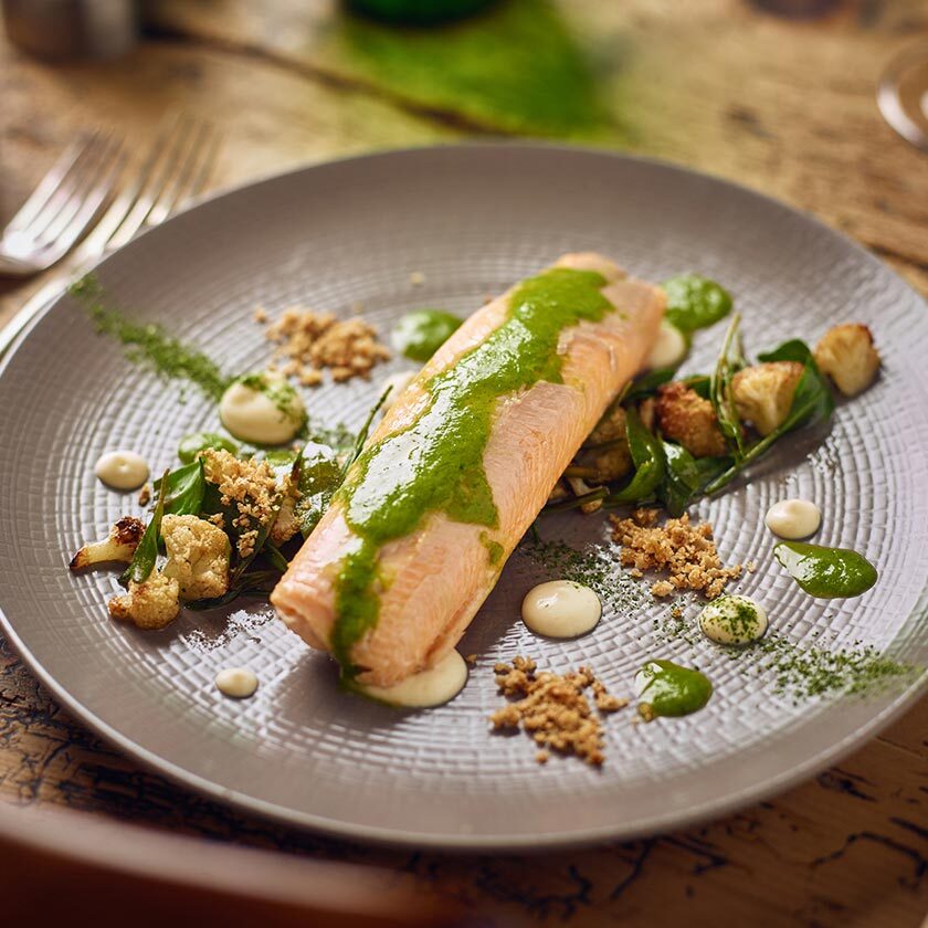 Fresh water trout, watercress, cauliflower and wild herbs